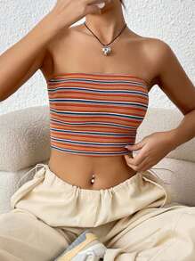 SHEIN EZwear Women's Y2k Striped Print Crop Tube Top - Orange - View 6