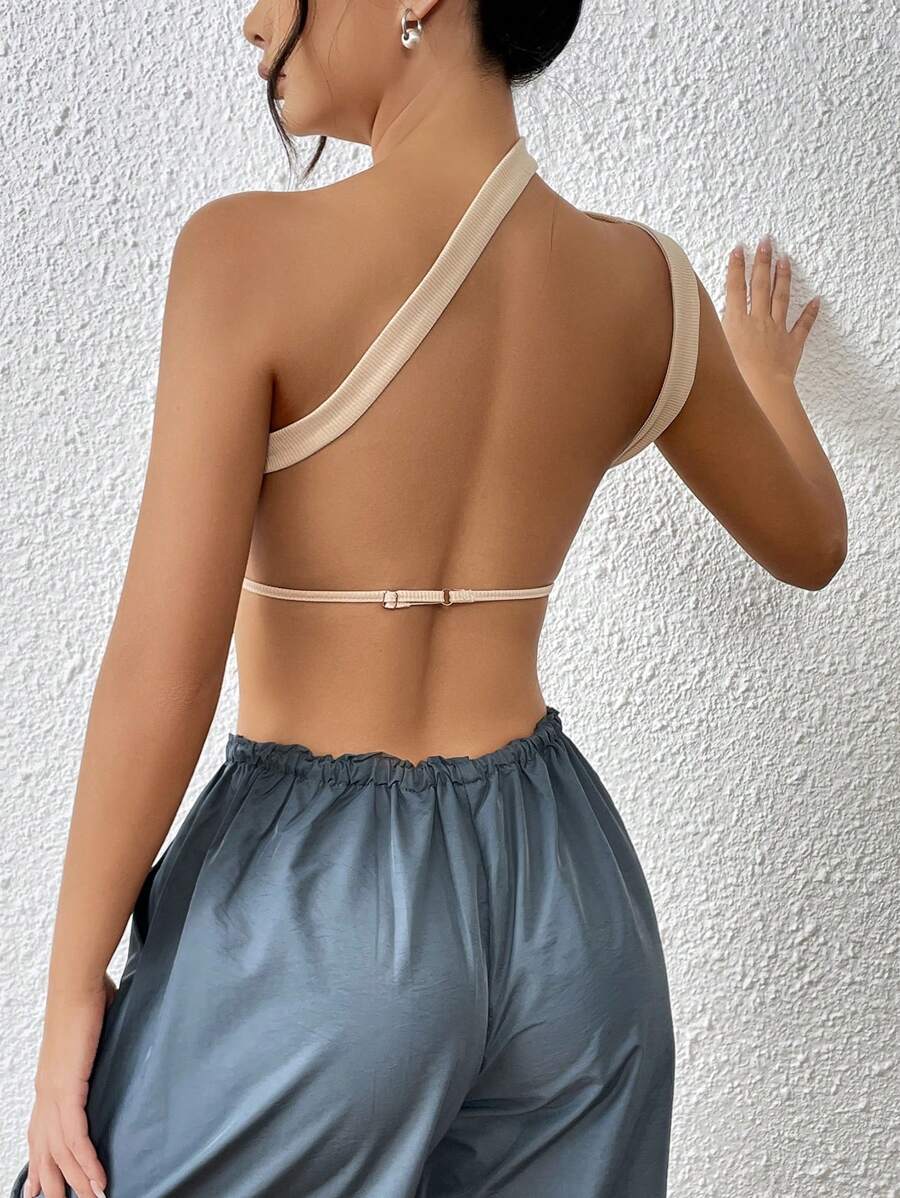 SHEIN ICON 單肩露背短款上衣 - 卡其色 - 查看 1