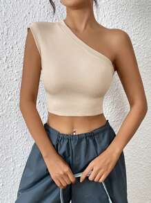 SHEIN ICON 單肩露背短款上衣 - 卡其色 - 查看 2