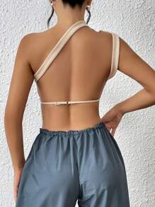 SHEIN ICON 單肩露背短款上衣 - 卡其色 - 查看 3