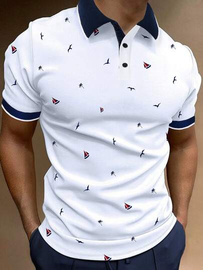 Manfinity Mode Polo shirt graphique tropical amusant pour homme avec imprimé intégral, garniture contrastée et demi-bouton de col, pour le golf