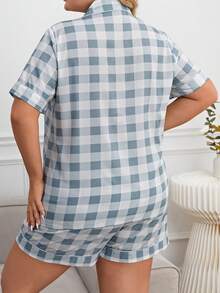 大碼格子圖案拼接滾邊睡衣套裝 - 藍白色 - 查看 2