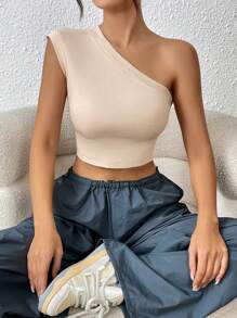 SHEIN ICON 單肩露背短款上衣 - 卡其色 - 查看 7