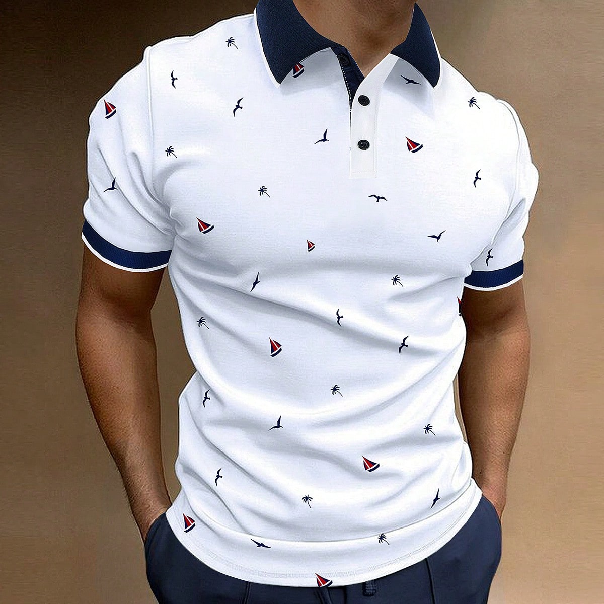 Camisa Polo Formal para Hombre con Estampado Completo, Ribete de Contraste, Cuello de Medio Botón, Gráfico Tropical Divertido, para Golf y Ceremonia