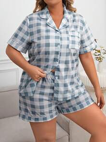 大碼格子圖案拼接滾邊睡衣套裝 - 藍白色 - 查看 5
