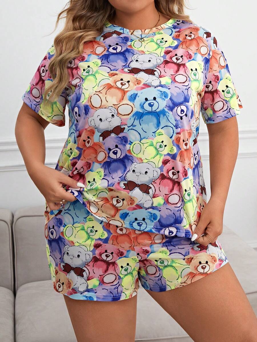 Conjunto de pijama con camiseta con estampado de dibujos animados y pantalones cortos para tallas grandes - Multicolor - Ver 1