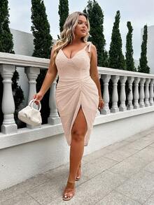 GLAM Plus Size Tie Shoulder Ruched Slit Thigh Slip Dress - Baby Pink - View 4