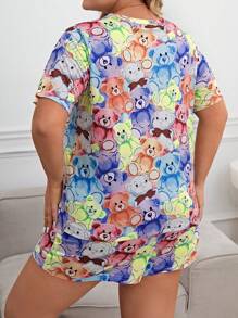 Conjunto de pijama con camiseta con estampado de dibujos animados y pantalones cortos para tallas grandes - Multicolor - Ver 2