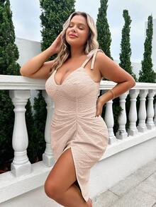 GLAM Plus Size Tie Shoulder Ruched Slit Thigh Slip Dress - Baby Pink - View 6