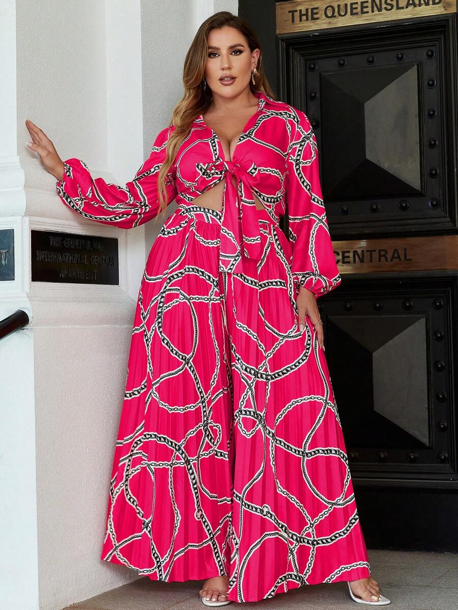 Glamaker Plus Chain Print Lantern Sleeve Knot Front Wide Leg Jumpsuit - Hot Pink - View 1