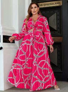 Glamaker Plus Chain Print Lantern Sleeve Knot Front Wide Leg Jumpsuit - Hot Pink - View 5