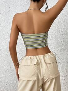 SHEIN EZwear 條紋印花短款抹胸上衣 - 綠色 - 查看 2