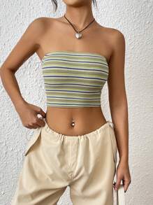 SHEIN EZwear 條紋印花短款抹胸上衣 - 綠色 - 查看 3