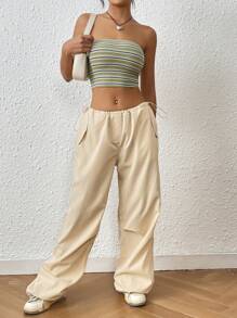 SHEIN EZwear 條紋印花短款抹胸上衣 - 綠色 - 查看 5