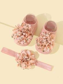 1 đôi Vớ vô hình trang trí hoa cho bé chống trượt & 1 dây buộc tóc - Hồng - Xem 2