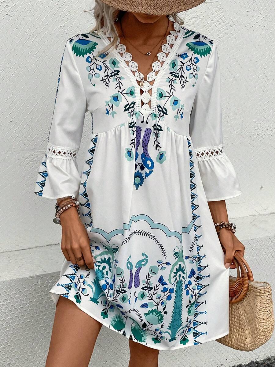 SHEIN VCAY 印花水溶蕾絲拼接荷葉袖連衣裙 - 白色 - 查看 1