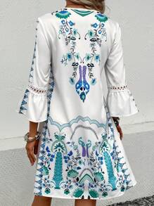 SHEIN VCAY 印花水溶蕾絲拼接荷葉袖連衣裙 - 白色 - 查看 2