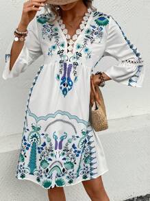 SHEIN VCAY 印花水溶蕾絲拼接荷葉袖連衣裙 - 白色 - 查看 4