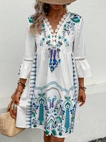 SHEIN VCAY 印花水溶蕾絲拼接荷葉袖連衣裙 - 白色 - 查看 5