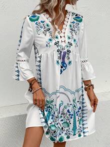 SHEIN VCAY 印花水溶蕾絲拼接荷葉袖連衣裙 - 白色 - 查看 6