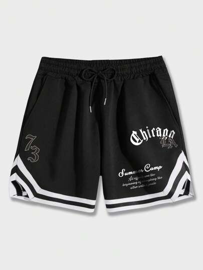 Academia Men Letter Graphic Striped Trim Drawstring Waist Basketball Shorts, School