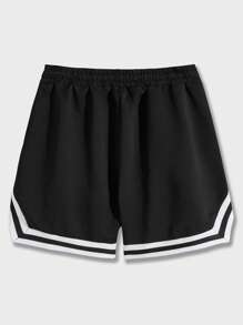 ROMWE MEN Prep Men Letter Graphic Striped Trim Drawstring Waist Basketball Shorts, School - Black - View 2