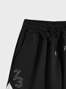 ROMWE MEN Prep Men Letter Graphic Striped Trim Drawstring Waist Basketball Shorts, School - Black - View 3