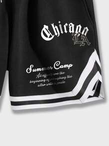 ROMWE MEN Prep Men Letter Graphic Striped Trim Drawstring Waist Basketball Shorts, School - Black - View 6