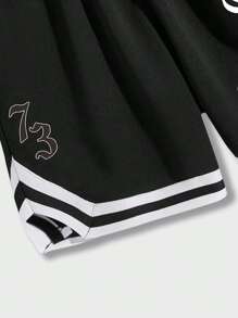 ROMWE MEN Prep Men Letter Graphic Striped Trim Drawstring Waist Basketball Shorts, School - Black - View 7