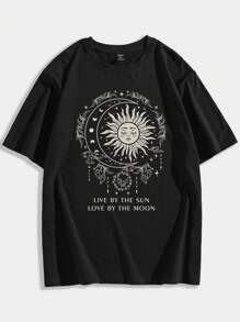 ROMWE MEN Street Life Hombres Camiseta algodón con estampado de sol y luna - Negro - Ver 1