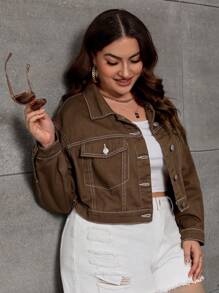 SHEIN Essnce Plus Top-stitching Flap Pocket Crop Denim Jacket - Coffee Brown - View 4