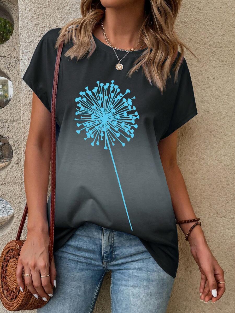 EMERY ROSE Dandelion Print Batwing Sleeve Ombre Tee - Multicolor - View 1