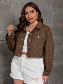 SHEIN Essnce Plus Top-stitching Flap Pocket Crop Denim Jacket - Coffee Brown - View 5
