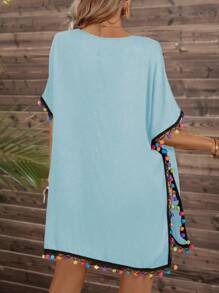 Pom Pom Trim Dolman Sleeve Split Hem Cover Up - Baby Blue - View 2