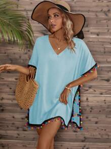 Pom Pom Trim Dolman Sleeve Split Hem Cover Up - Baby Blue - View 6