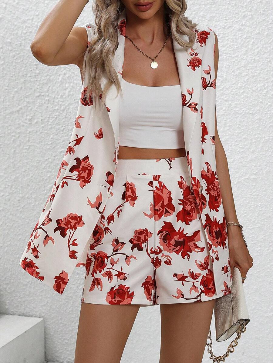 SHEIN Privé Floral Print Vest Blazer & Shorts - Red and White - View 1