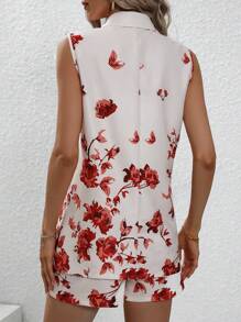 SHEIN Privé Floral Print Vest Blazer & Shorts - Red and White - View 2