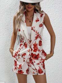 SHEIN Privé Floral Print Vest Blazer & Shorts - Red and White - View 3