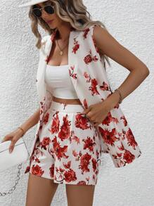 SHEIN Privé Floral Print Vest Blazer & Shorts - Red and White - View 4