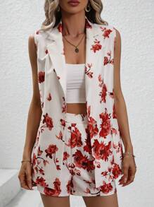 SHEIN Privé Floral Print Vest Blazer & Shorts - Red and White - View 6