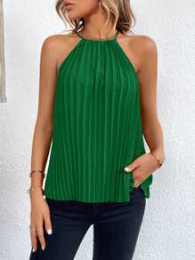 SHEIN Privé Solid Pleated Detail Halter Top - Green - View 3