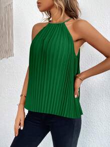 SHEIN Privé Solid Pleated Detail Halter Top - Green - View 4
