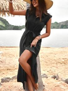 SHEIN LUNE Solid Belted Shirt Dress - Black - View 1