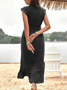 SHEIN LUNE Solid Belted Shirt Dress - Black - View 2