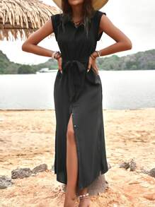 SHEIN LUNE Solid Belted Shirt Dress - Black - View 5