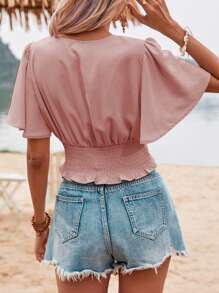 SHEIN VCAY 蝴蝶袖褶邊襯衫 - 藕粉色 - 查看 2