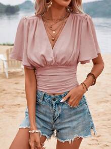 SHEIN VCAY 蝴蝶袖褶邊襯衫 - 藕粉色 - 查看 3