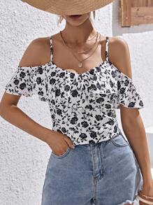 SHEIN VCAY 印花挖肩荷葉邊襯衫 - 黑與白 - 查看 4