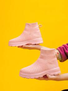 Girls Slip On High Top Sock Boots For Outdoor - Pink - View 1