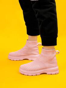 Girls Slip On High Top Sock Boots For Outdoor - Pink - View 3